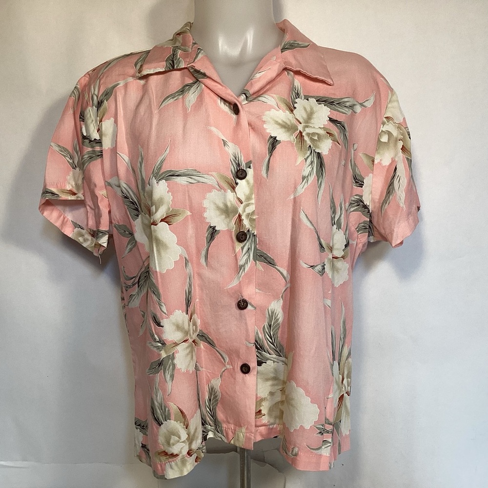 Two Palms Vintage Hawaiian Floral Pink Button-Up Women's Top size large